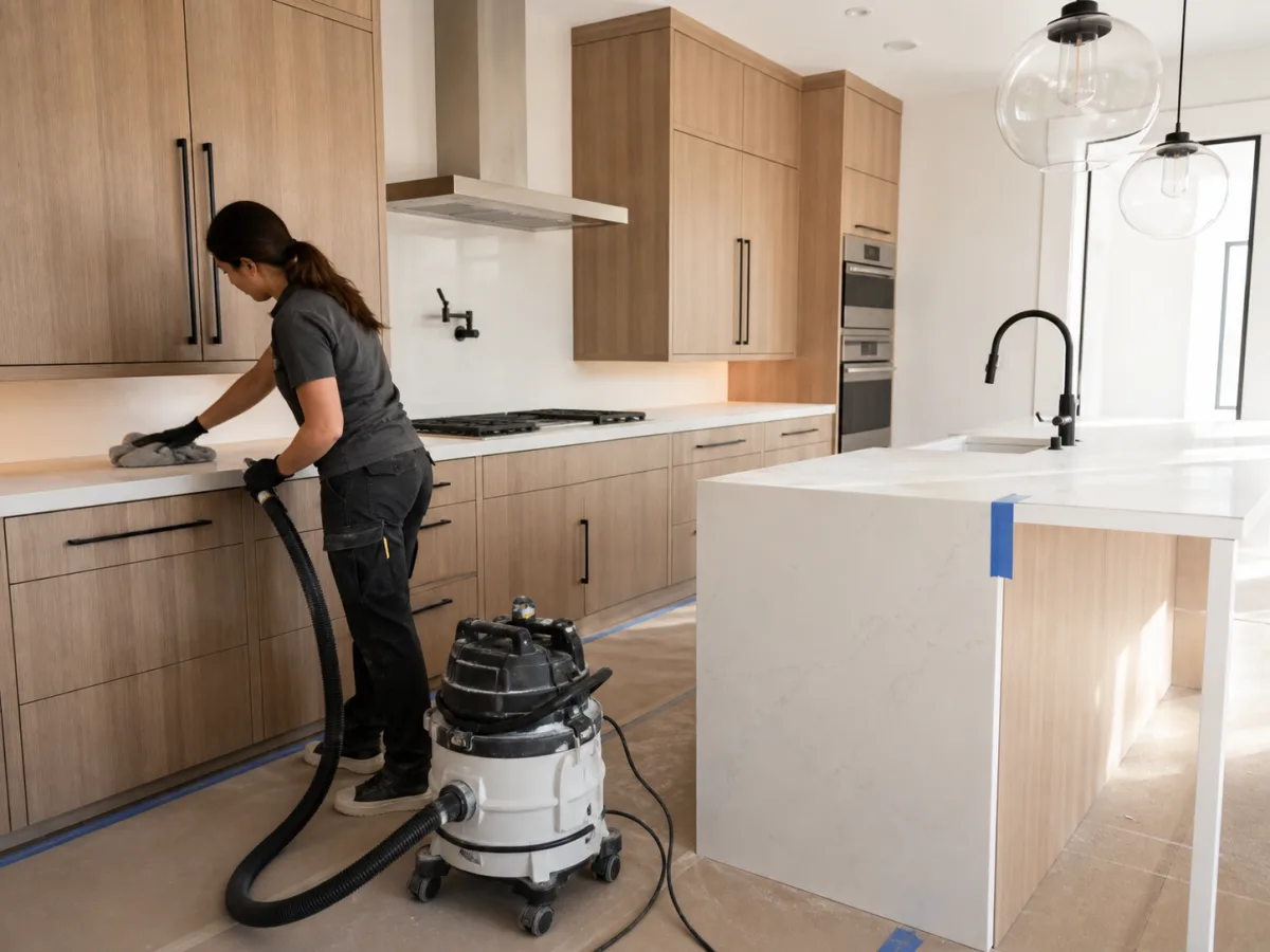 Post-construction cleaner detailing a newly completed kitchen before handoff