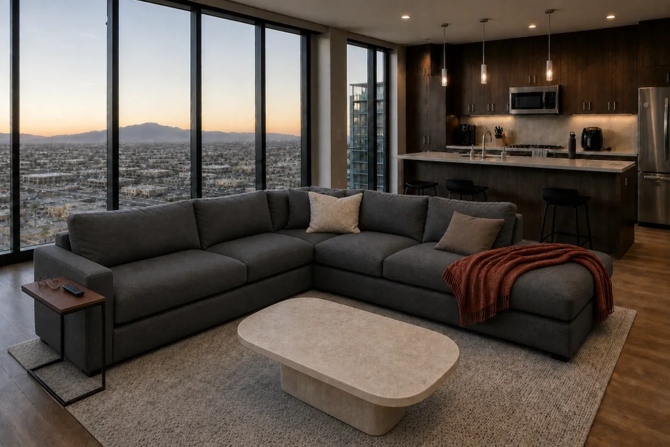 Clean modern Phoenix high-rise condo with a dry desert and mountain view