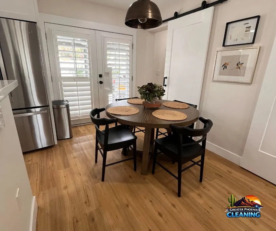 Bright breakfast nook staged for the next guest