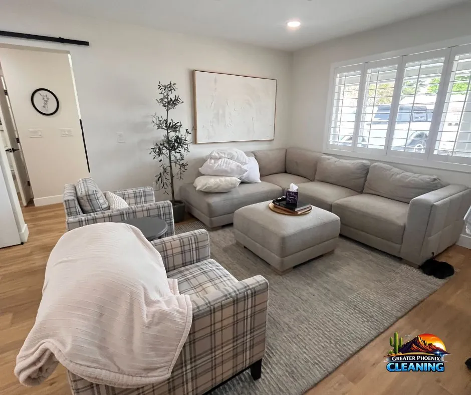 Clean, staged living room prepared for the next short-term rental guest