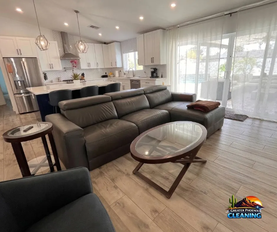 Bright open-plan home maintained through recurring cleaning